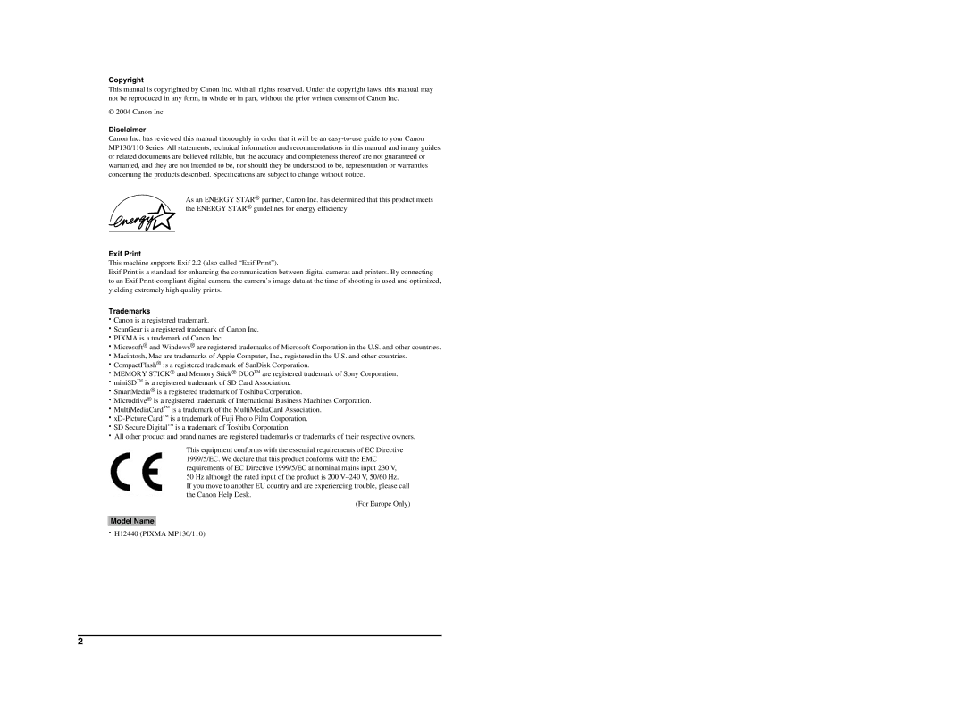 Canon MP130 manual Model Name 