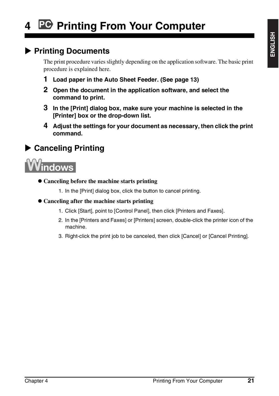 Canon MP130 manual PC Printing From Your Computer, Printing Documents, Canceling Printing 