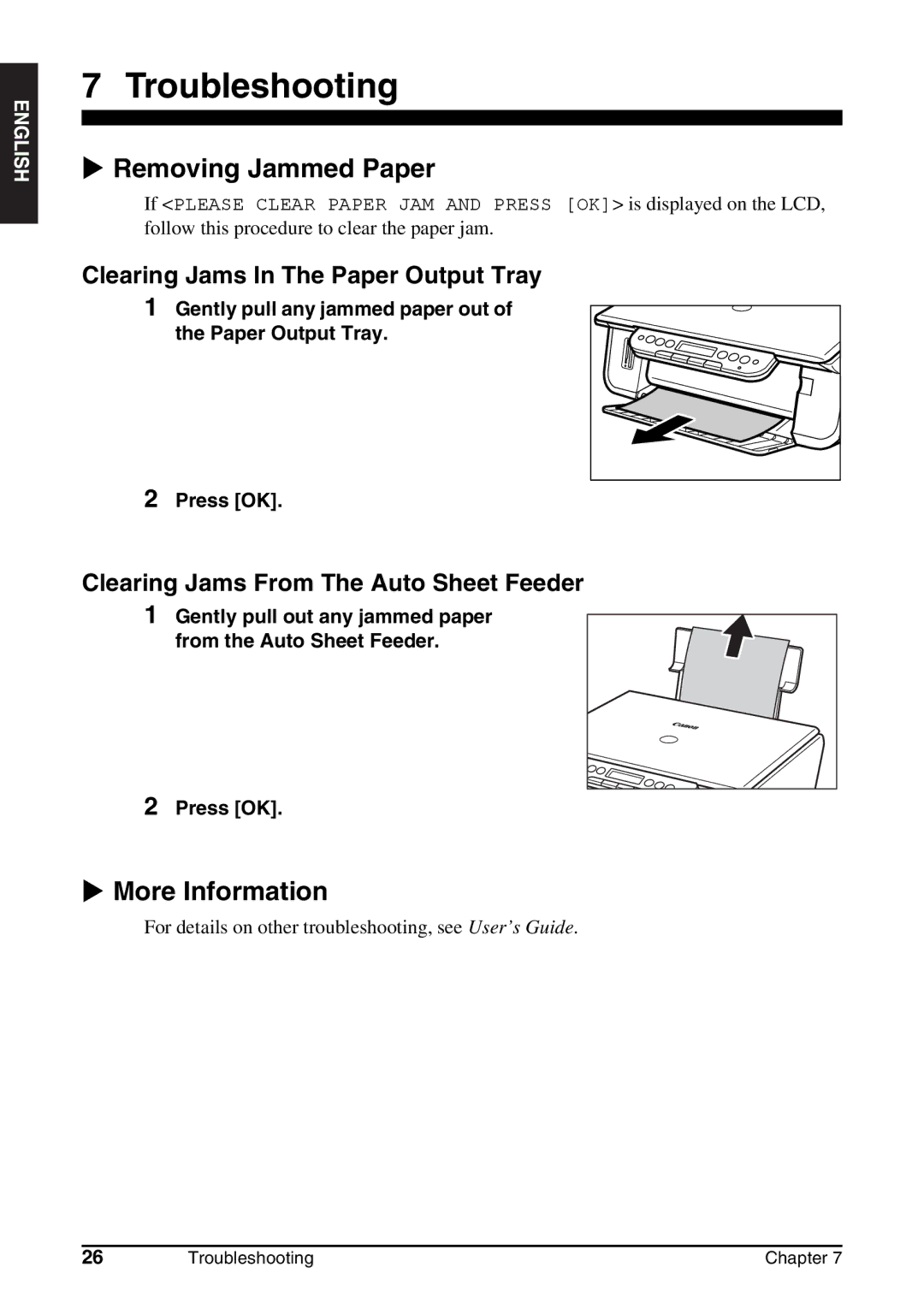 Canon MP130 manual Troubleshooting, Removing Jammed Paper, More Information, Clearing Jams In The Paper Output Tray 