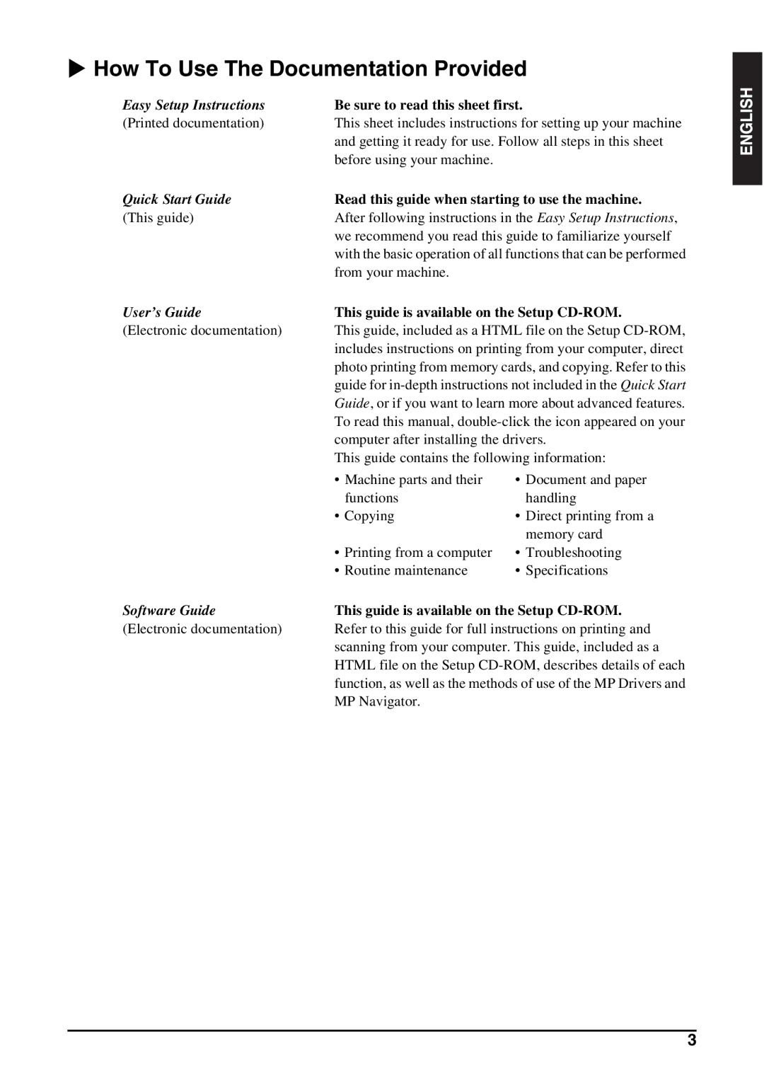 Canon MP130 manual How To Use The Documentation Provided, Be sure to read this sheet first 