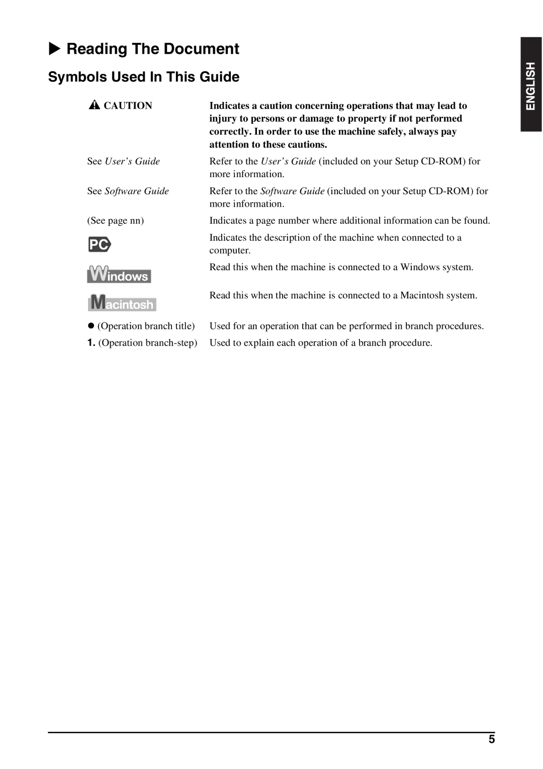 Canon MP130 manual Reading The Document, Symbols Used In This Guide 