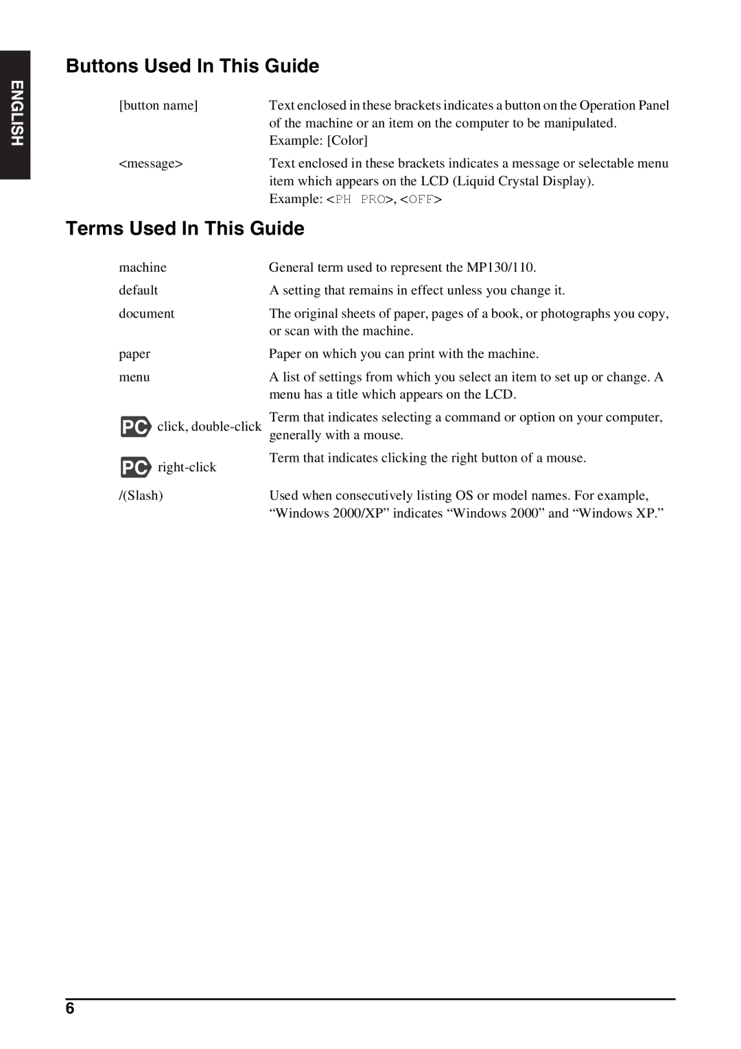 Canon MP130 manual Buttons Used In This Guide, Terms Used In This Guide 