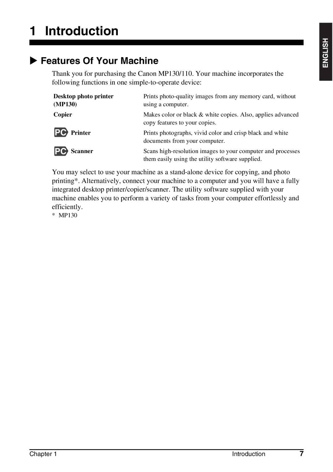 Canon MP130 manual Introduction, Features Of Your Machine 