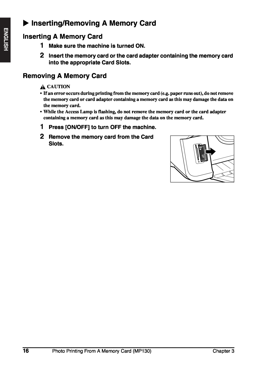 Canon MP130 manual X Inserting/Removing A Memory Card, Inserting A Memory Card 