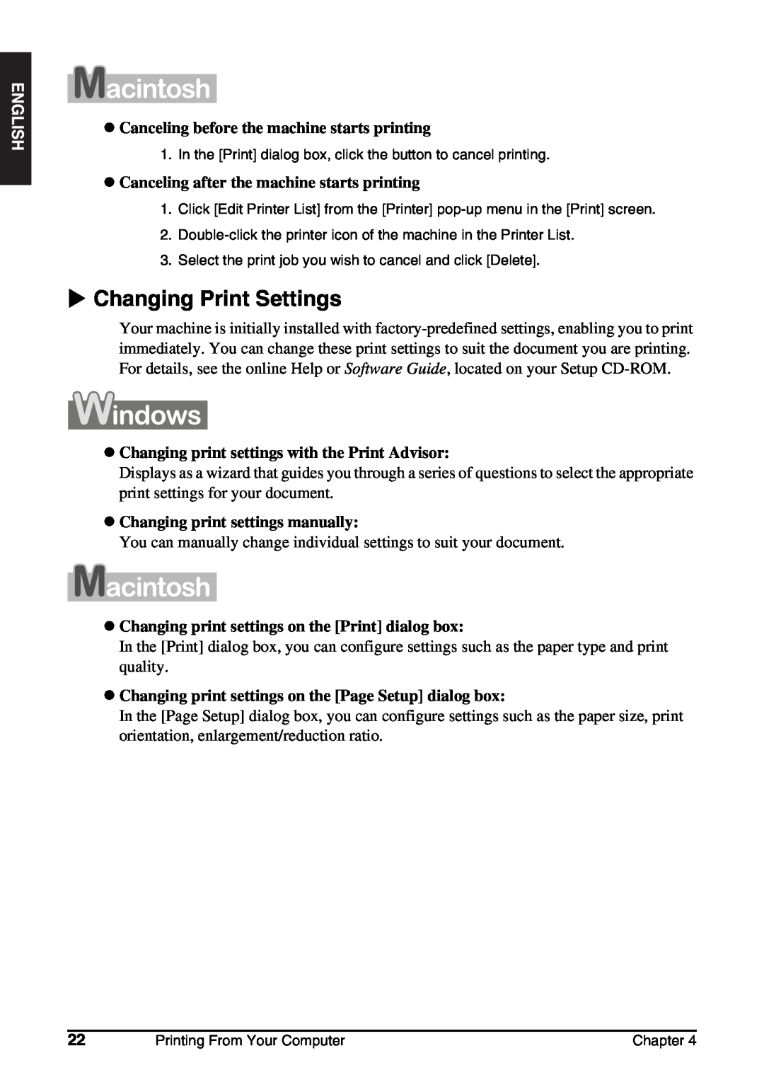 Canon MP130 manual X Changing Print Settings, z Changing print settings with the Print Advisor 