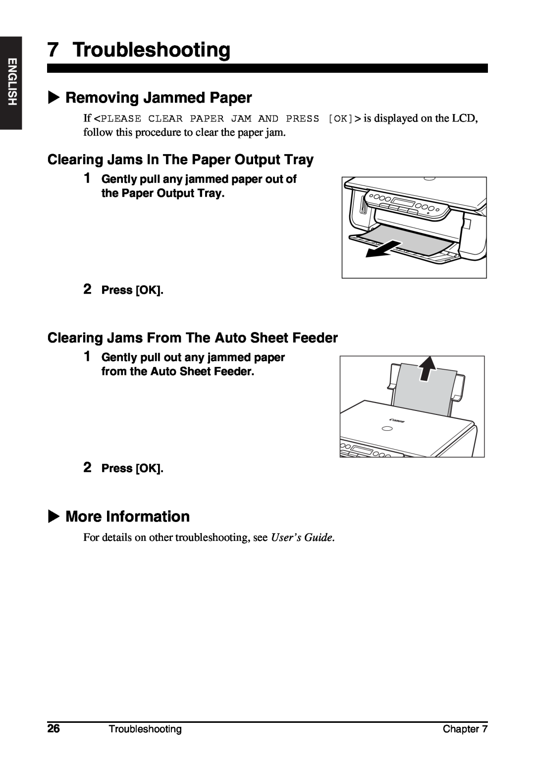 Canon MP130 Troubleshooting, X Removing Jammed Paper, X More Information, Clearing Jams In The Paper Output Tray, Chapter 