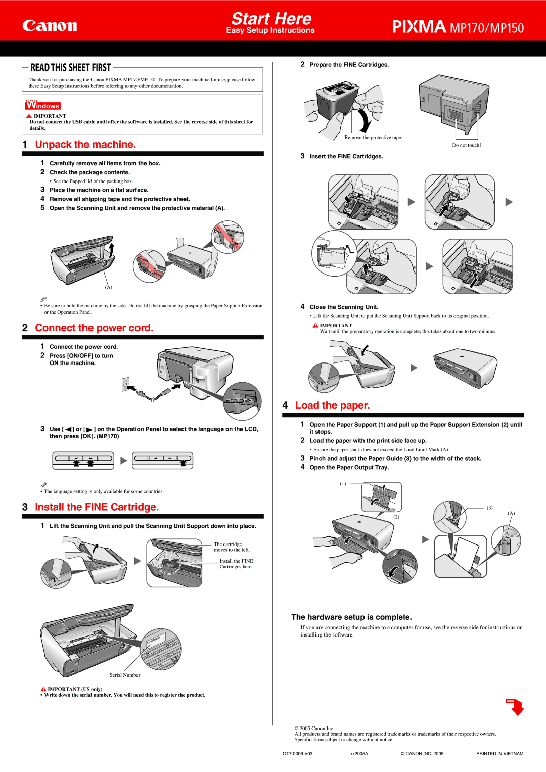 Canon MP150, MP170 specifications Unpack the machine, Connect the power cord, Install the Fine Cartridge, Load the paper 