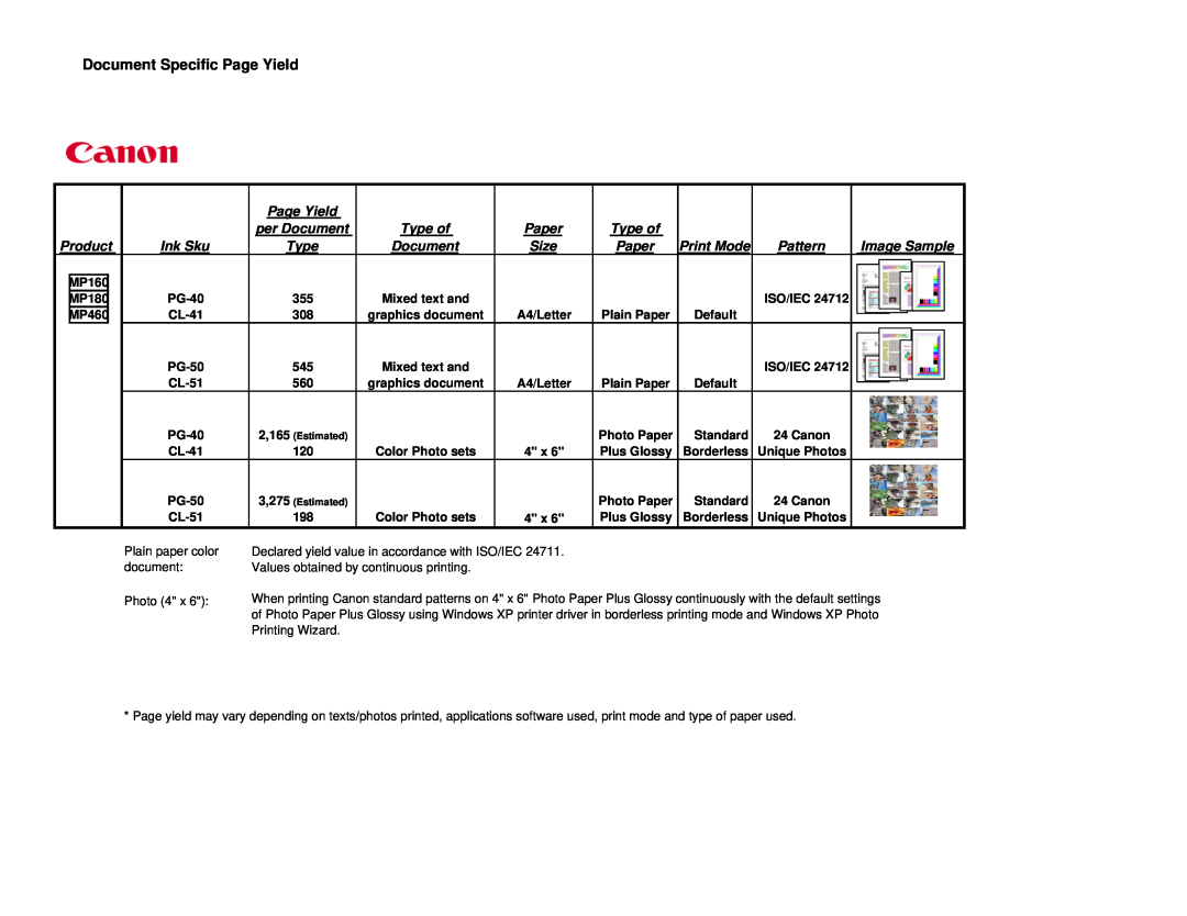 Canon MP160, MP180, MP460 manual Document Specific Page Yield 