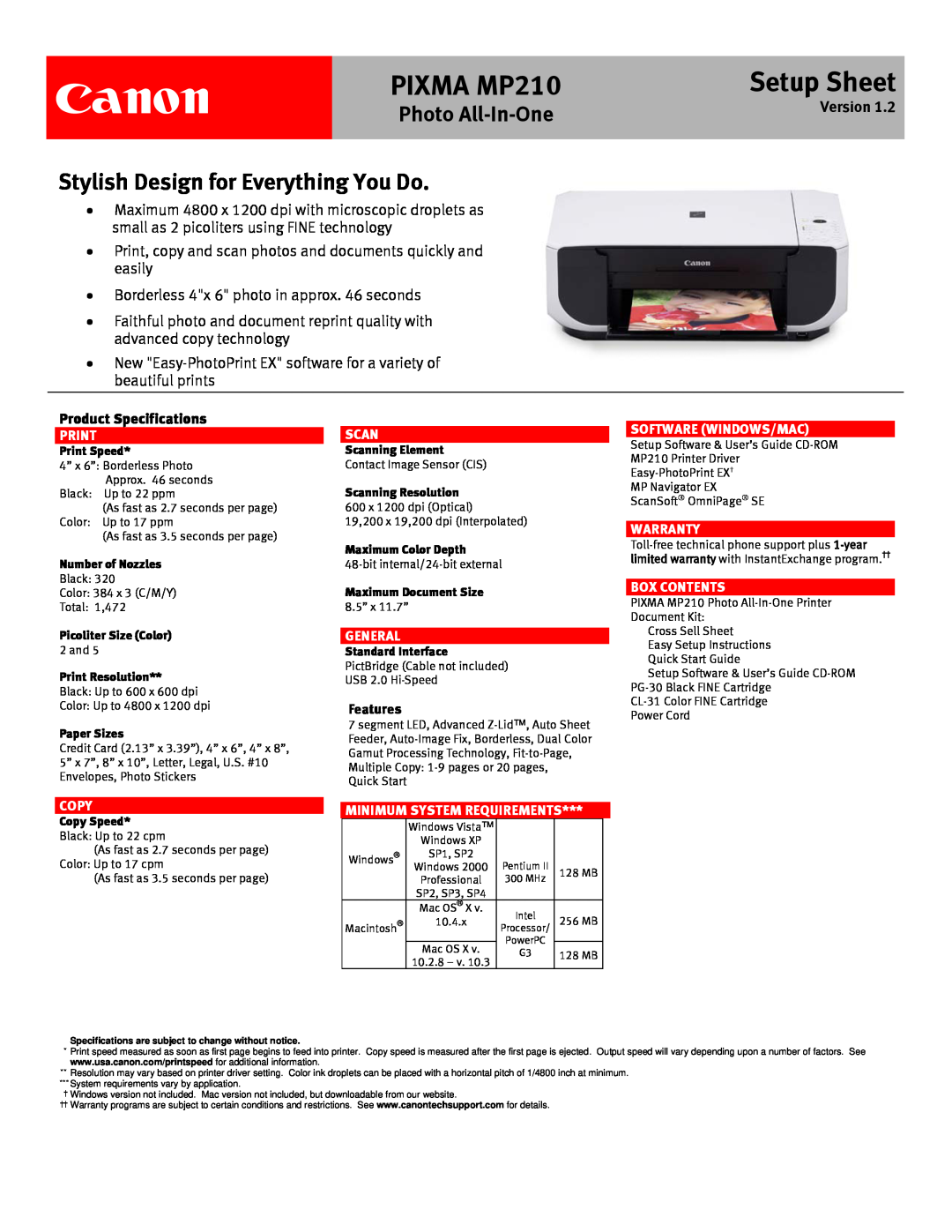 Canon warranty Canon, PIXMA MP210, Setup Sheet, Stylish Design for Everything You Do, Photo All-In-One, Version, Print 