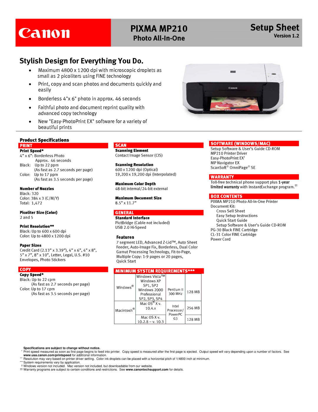 Canon MP210 warranty Print, Scan, General, Software WINDOWS/MAC, Warranty, BOX Contents, Copy, Minimum System Requirements 