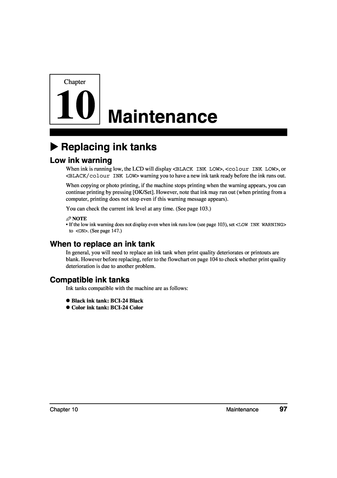 Canon MP370 Maintenance, Replacing ink tanks, Low ink warning, When to replace an ink tank, Compatible ink tanks, Chapter 