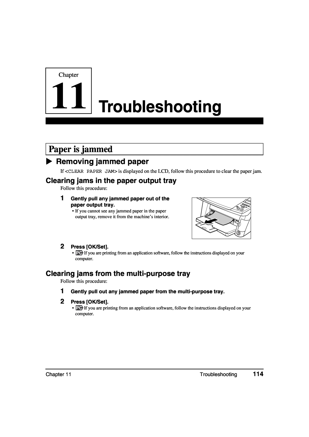 Canon MP360 manual Troubleshooting, Paper is jammed, Removing jammed paper, Clearing jams in the paper output tray, Chapter 