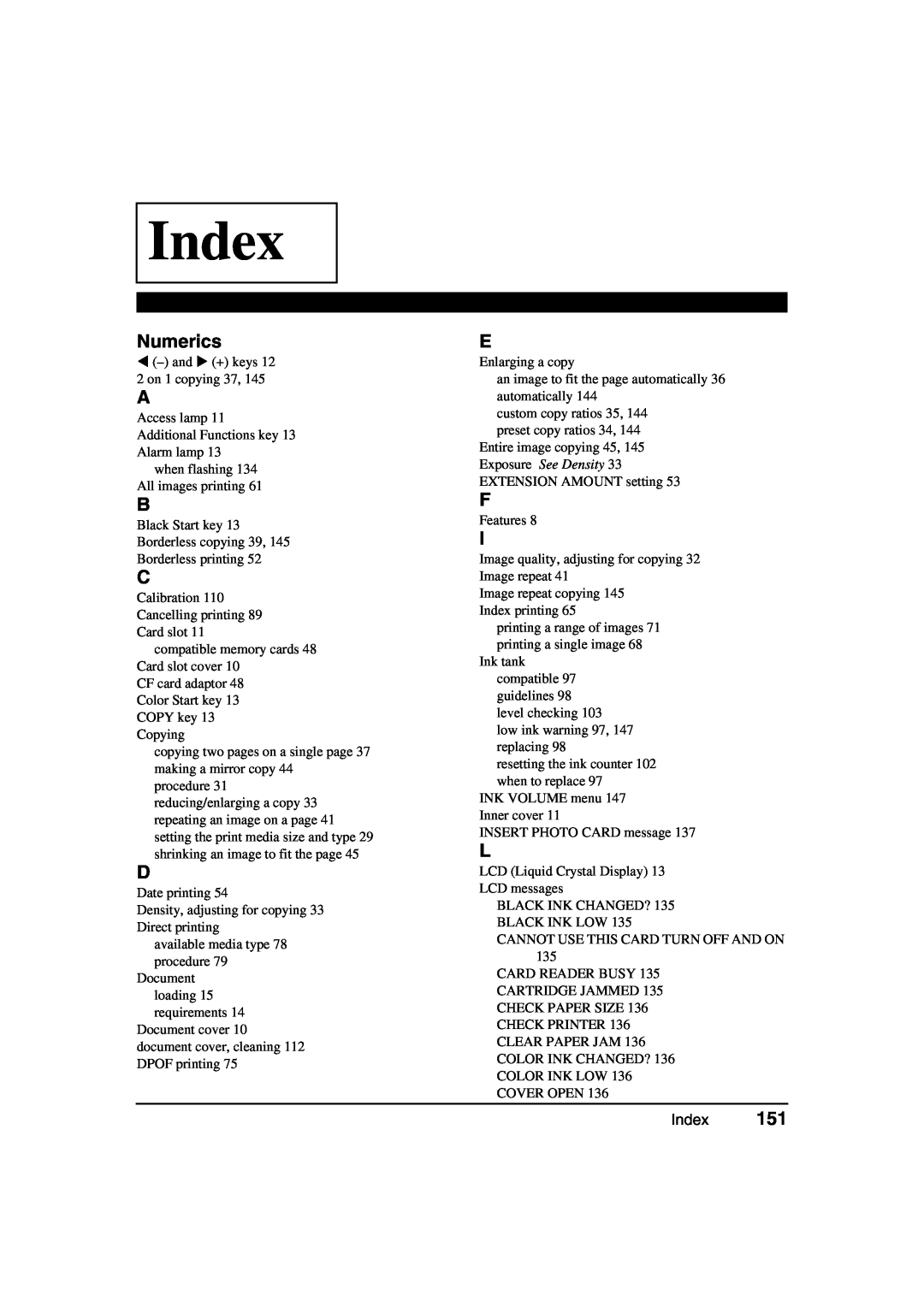 Canon MP370, MP360 manual Numerics, Index 