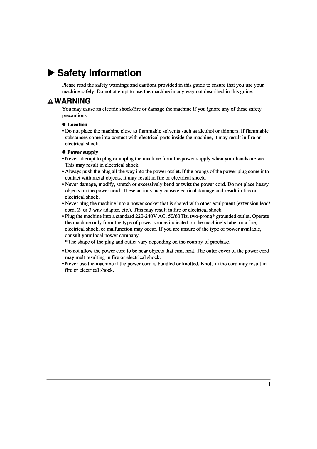 Canon MP370, MP360 manual Safety information, z Location, z Power supply 