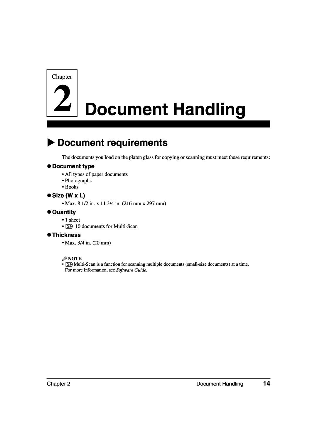 Canon MP360 Document Handling, Document requirements, z Document type, z Size W x L, z Quantity, z Thickness, Chapter 