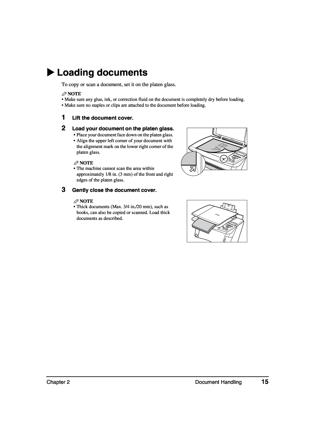 Canon MP370 Loading documents, Lift the document cover Load your document on the platen glass, Chapter, Document Handling 
