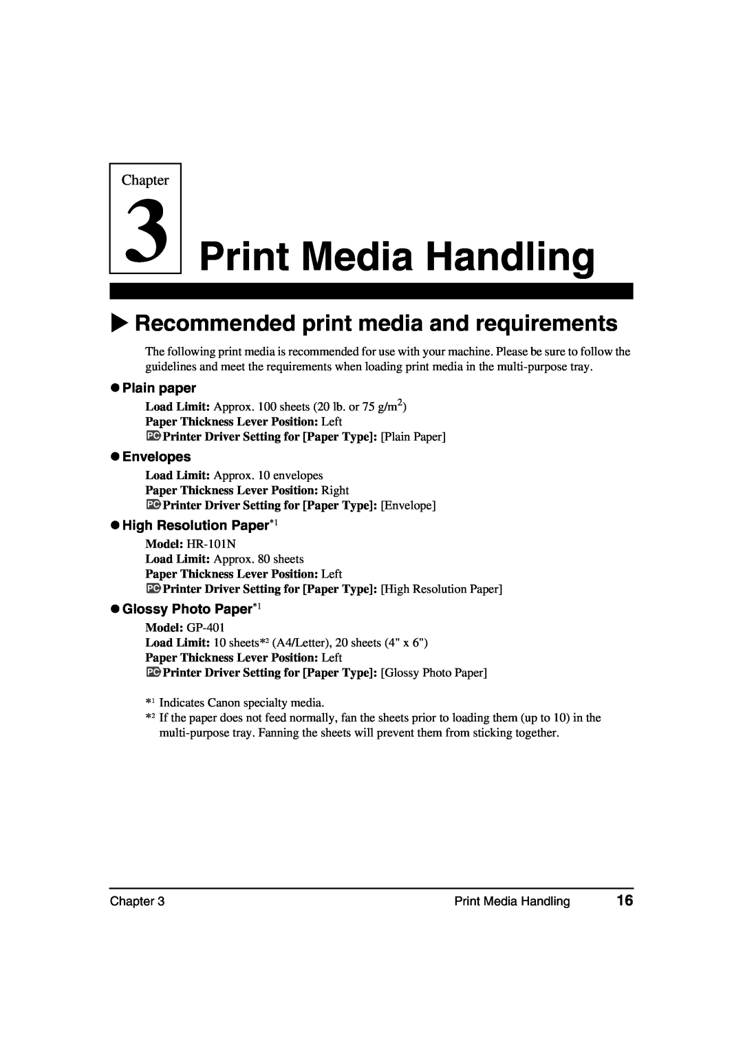Canon MP360, MP370 Print Media Handling, Recommended print media and requirements, z Plain paper, z Envelopes, Chapter 
