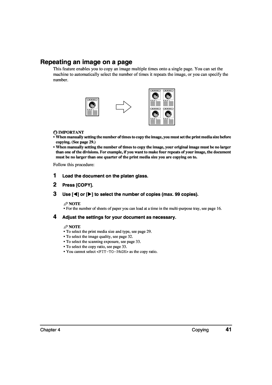 Canon MP370, MP360 manual Repeating an image on a page, Load the document on the platen glass Press COPY, Chapter, Copying 