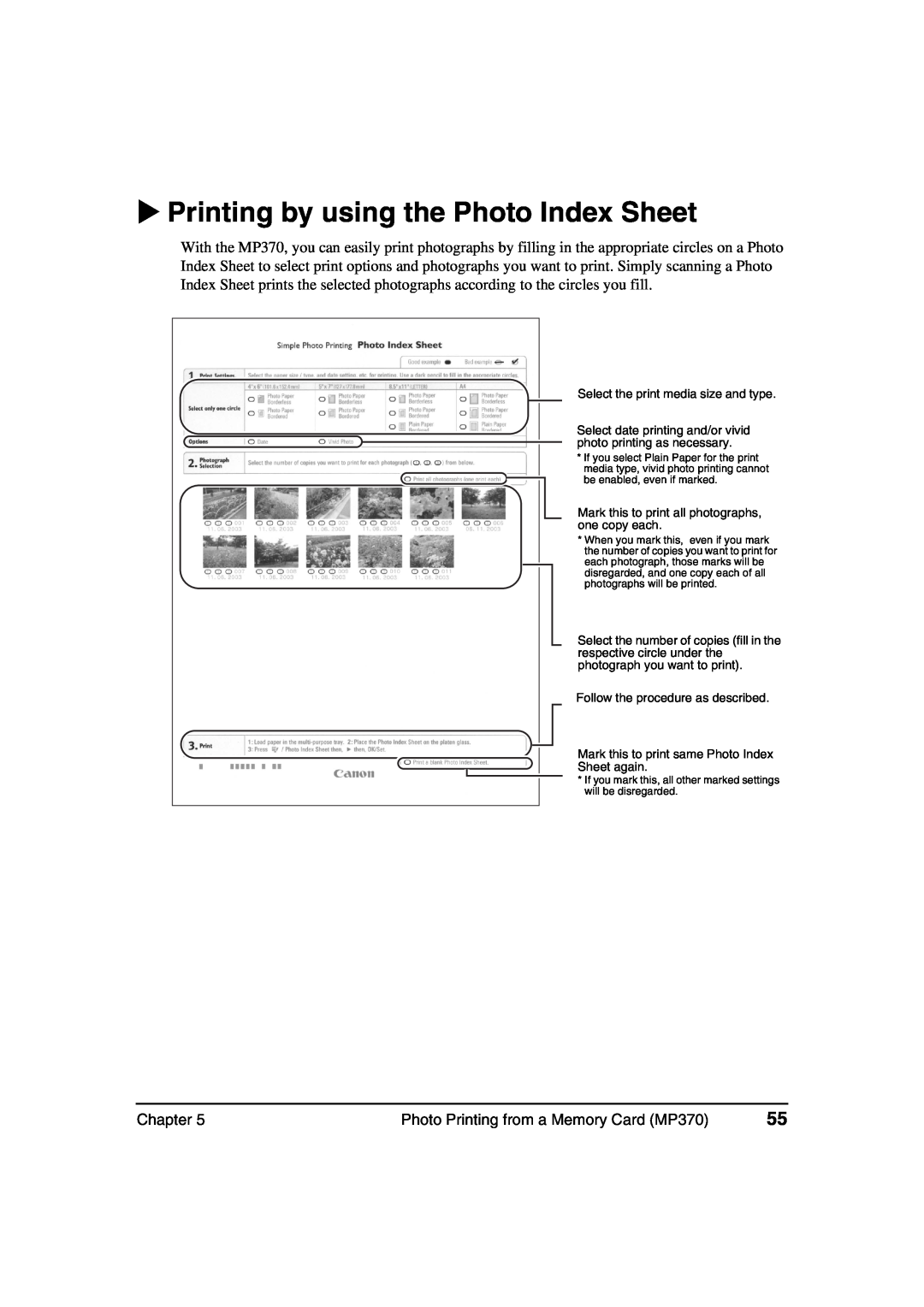 Canon MP360 manual Printing by using the Photo Index Sheet, Chapter, Photo Printing from a Memory Card MP370 