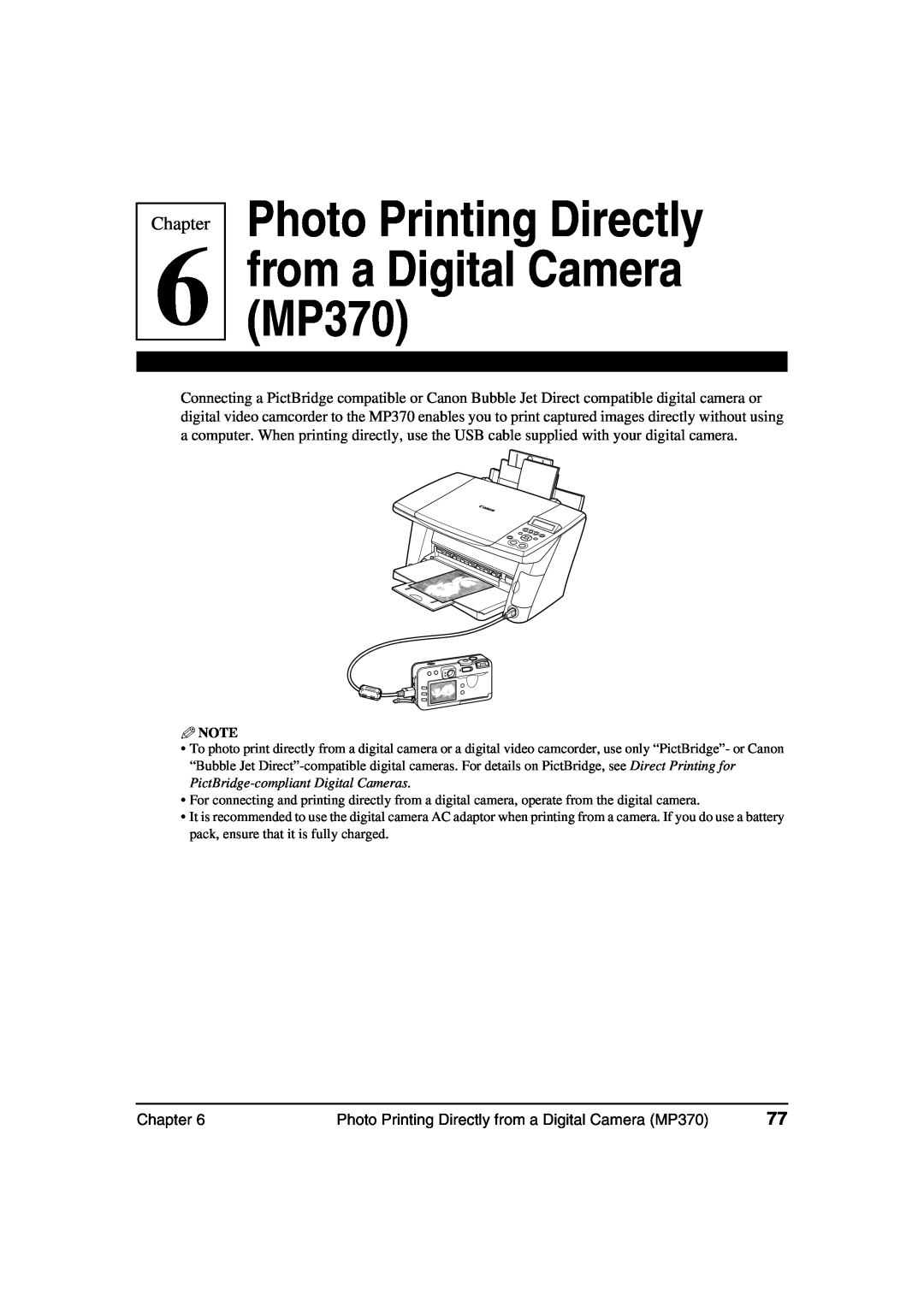 Canon MP360 manual Photo Printing Directly from a Digital Camera MP370, Chapter 