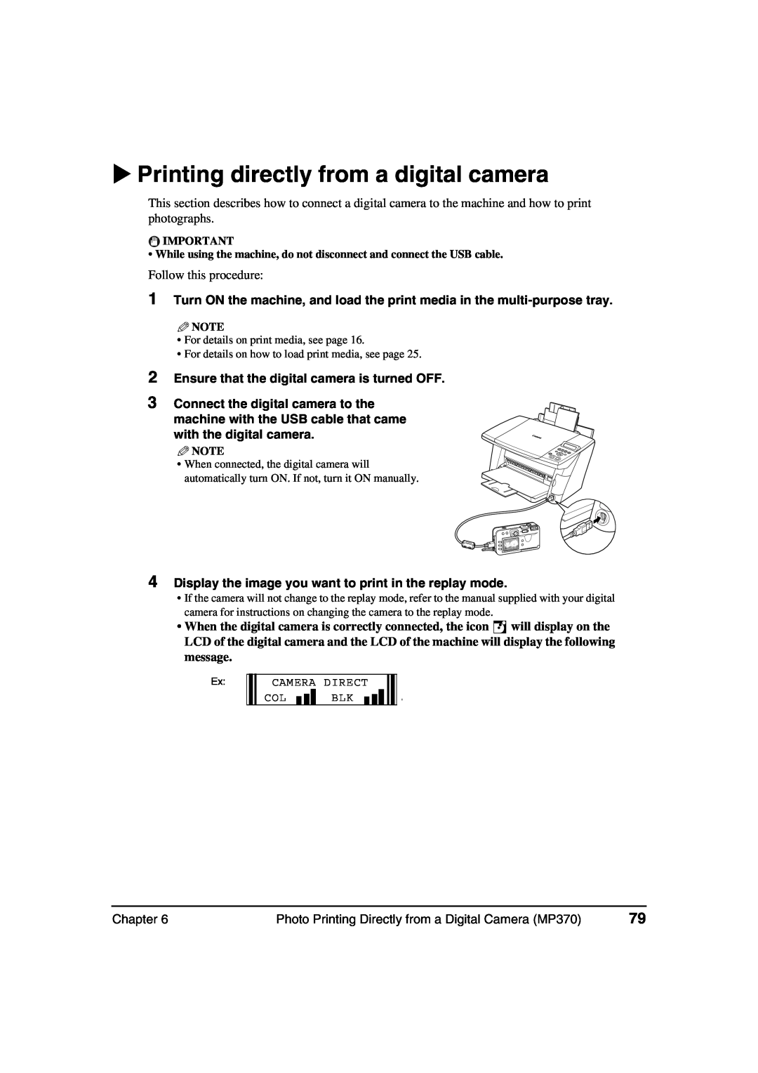 Canon MP360 manual Photo Printing Directly from a Digital Camera MP370, Camera Direct 