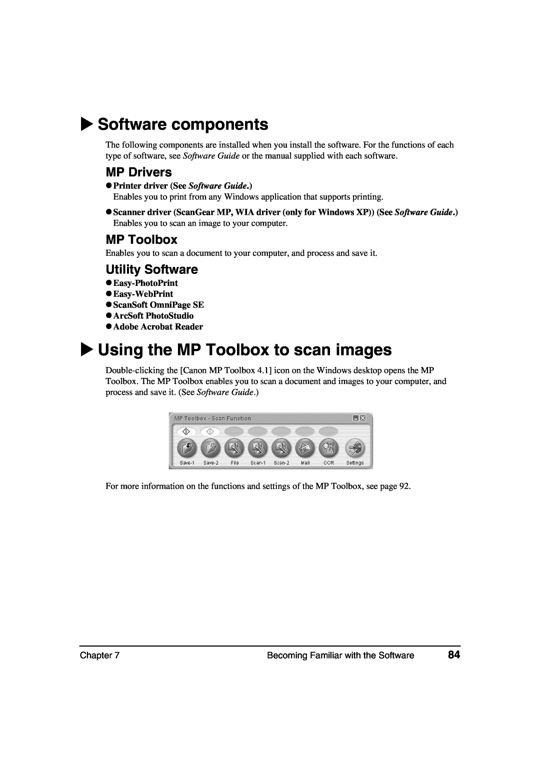 Canon MP360, MP370 manual Software components, Using the MP Toolbox to scan images, MP Drivers, Utility Software 