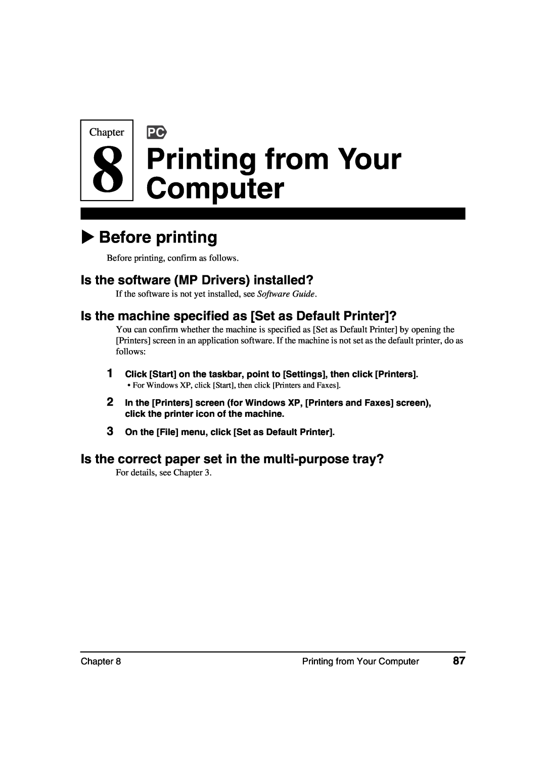 Canon MP370, MP360 manual Printing from Your Computer, Before printing, Is the software MP Drivers installed?, Chapter 