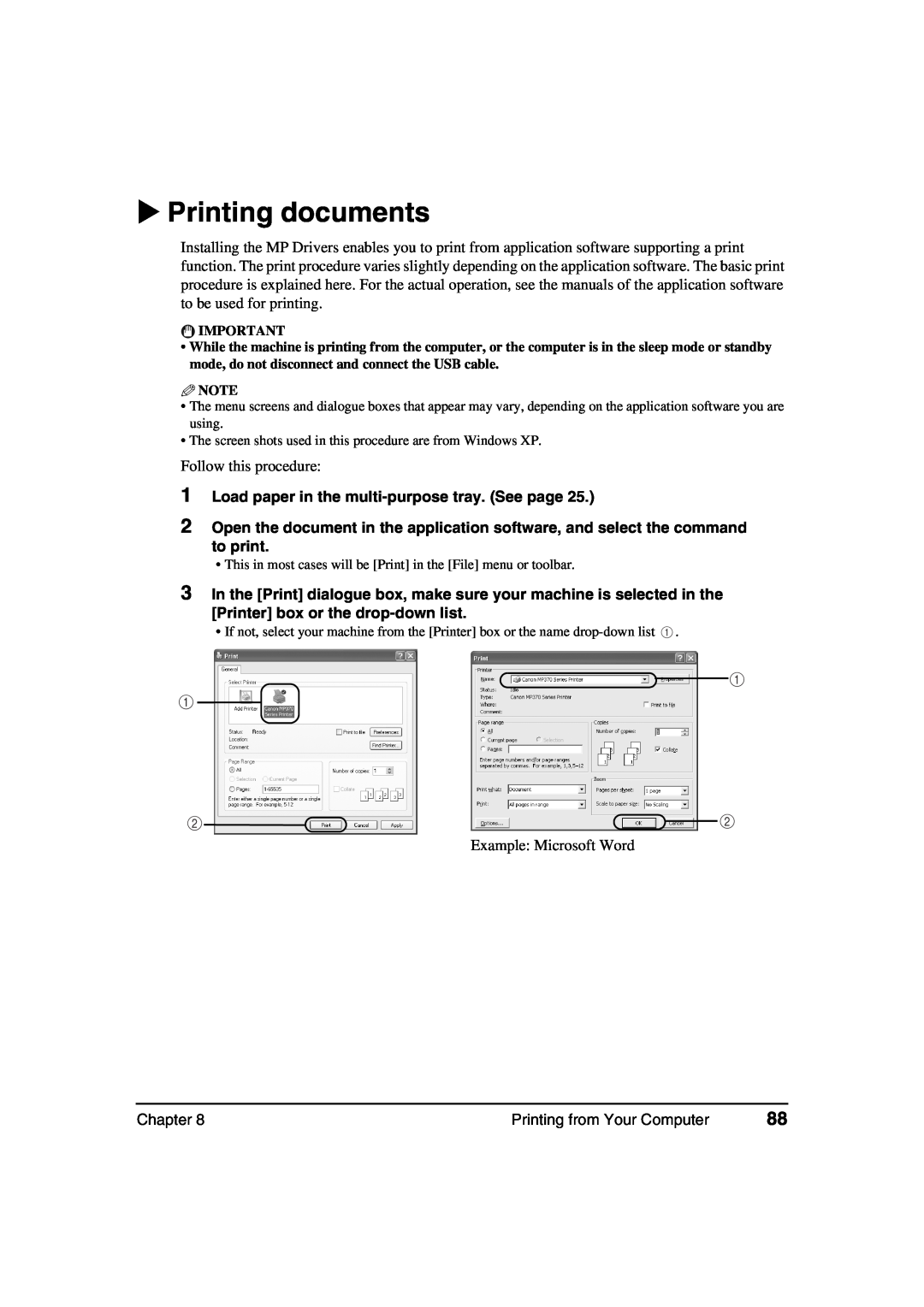 Canon MP360, MP370 manual Printing documents, Load paper in the multi-purpose tray. See page 