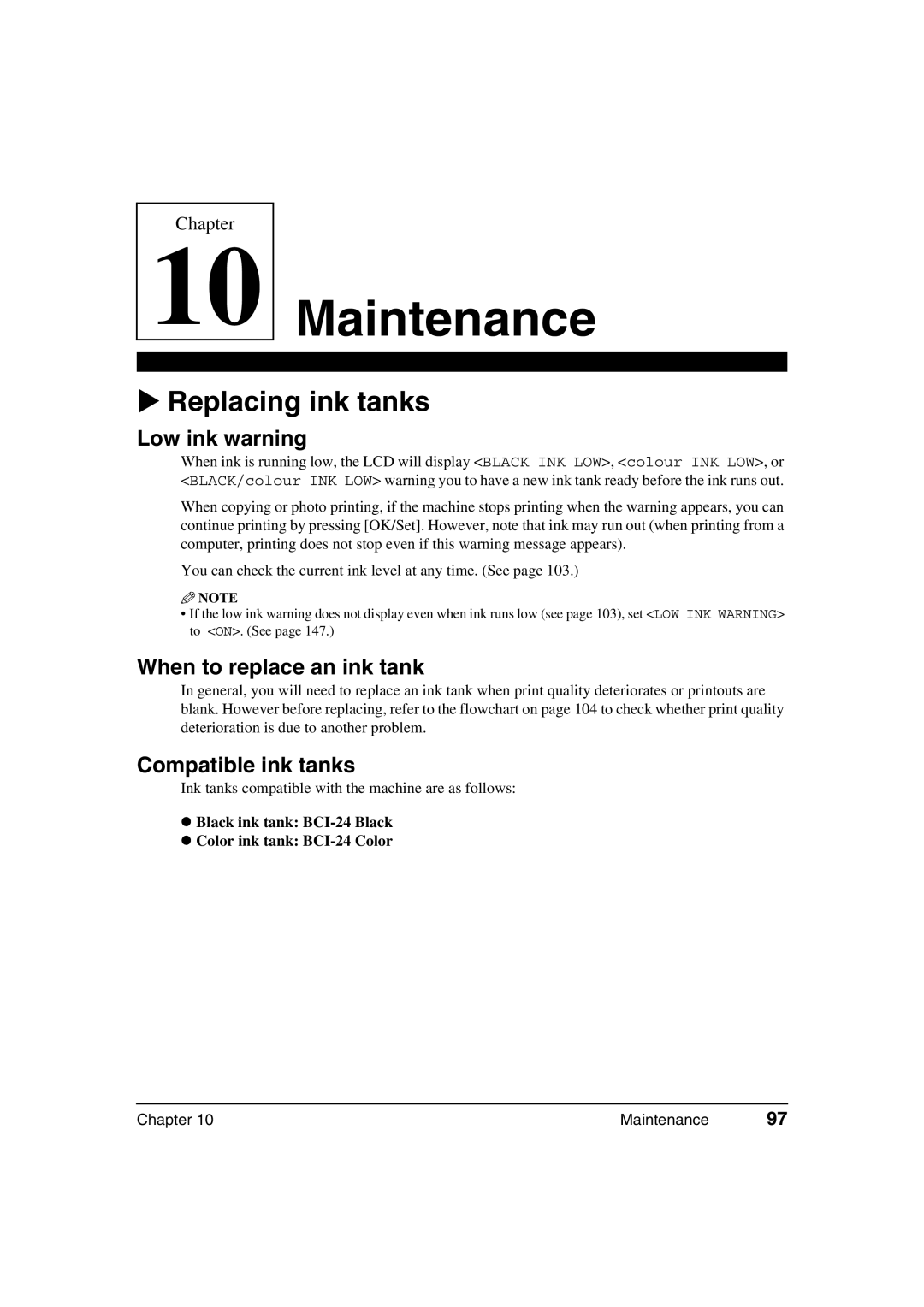 Canon MP370, MP360 manual Replacing ink tanks, Low ink warning, When to replace an ink tank, Compatible ink tanks 