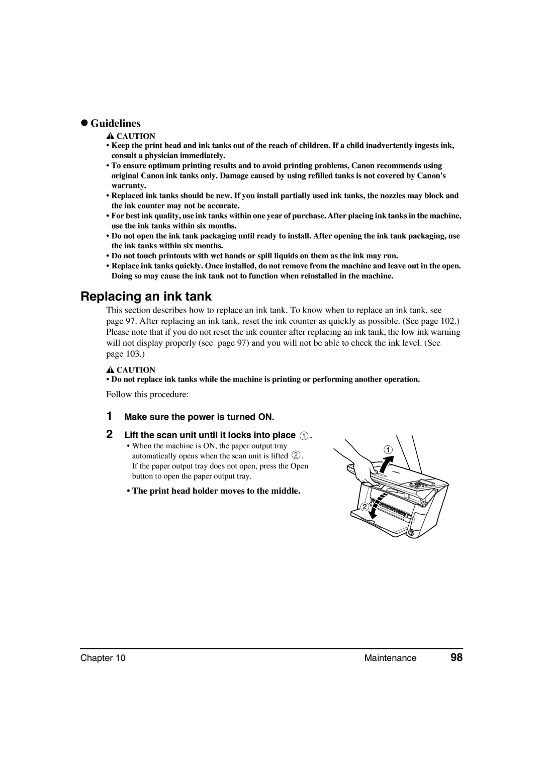 Canon MP360, MP370 manual Replacing an ink tank, Guidelines 