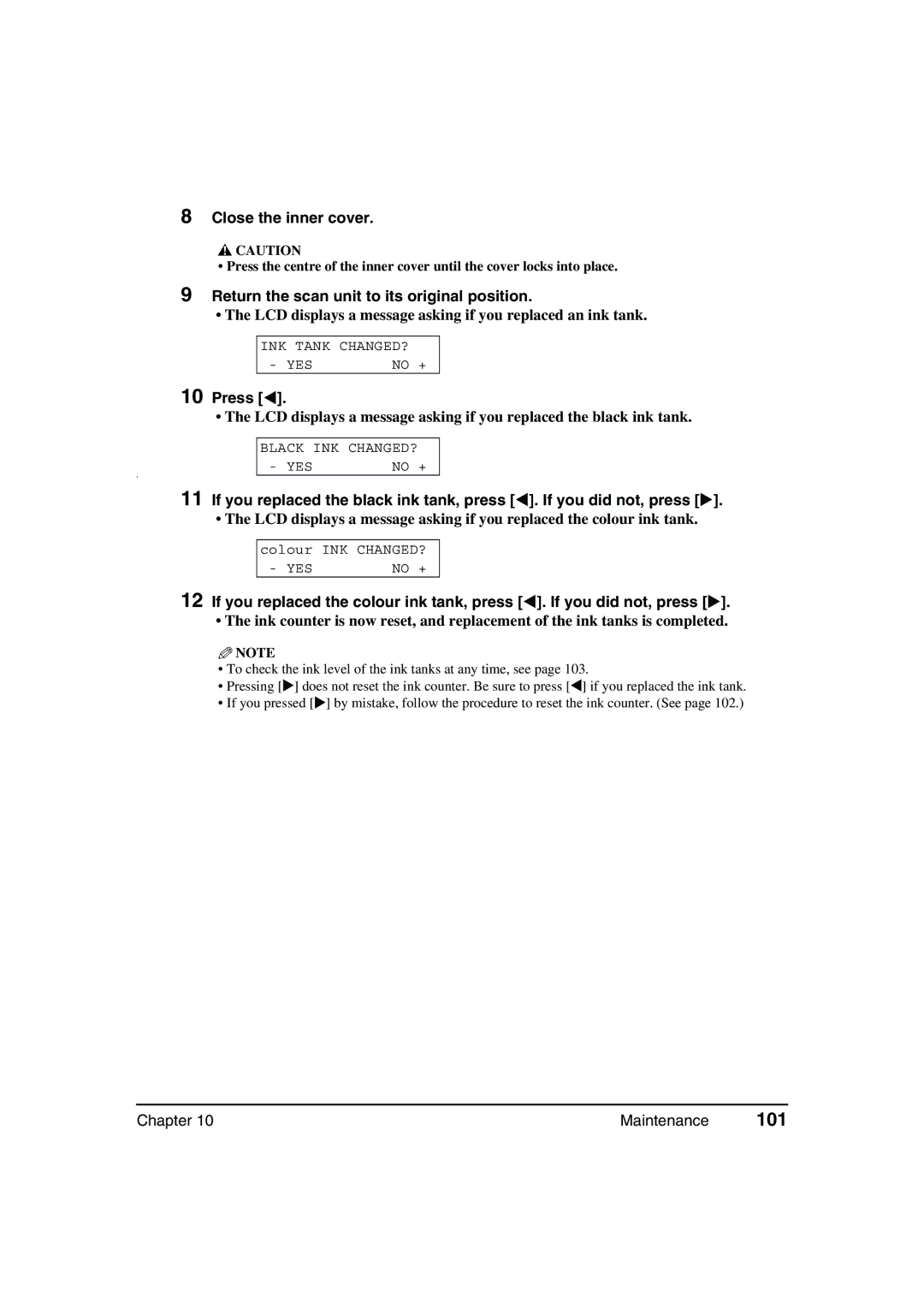 Canon MP370, MP360 manual 101, LCD displays a message asking if you replaced an ink tank 