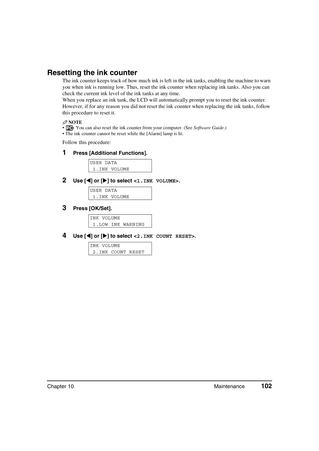 Canon MP360, MP370 manual Resetting the ink counter, 102, Press Additional Functions, Use or to select 1.INK Volume 