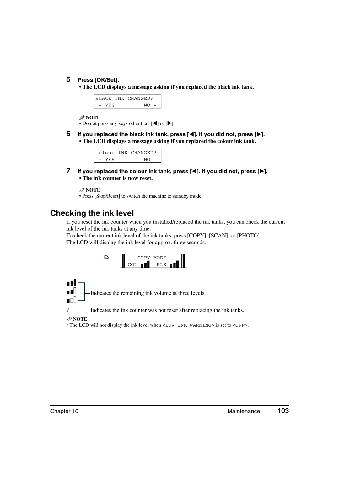 Canon MP370, MP360 manual Checking the ink level, 103, Ink counter is now reset 