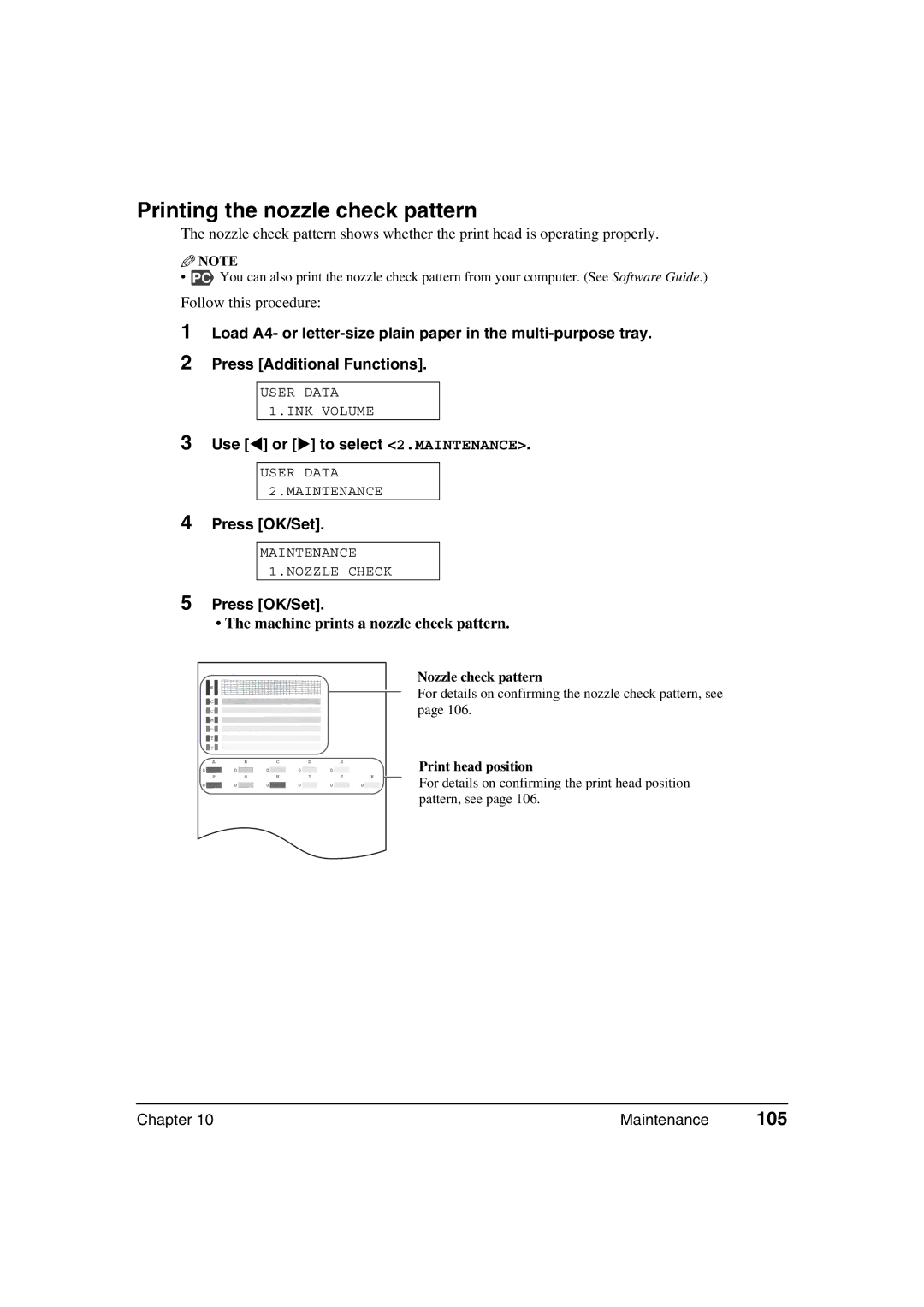 Canon MP370 Printing the nozzle check pattern, 105, Use or to select 2.MAINTENANCE, Machine prints a nozzle check pattern 