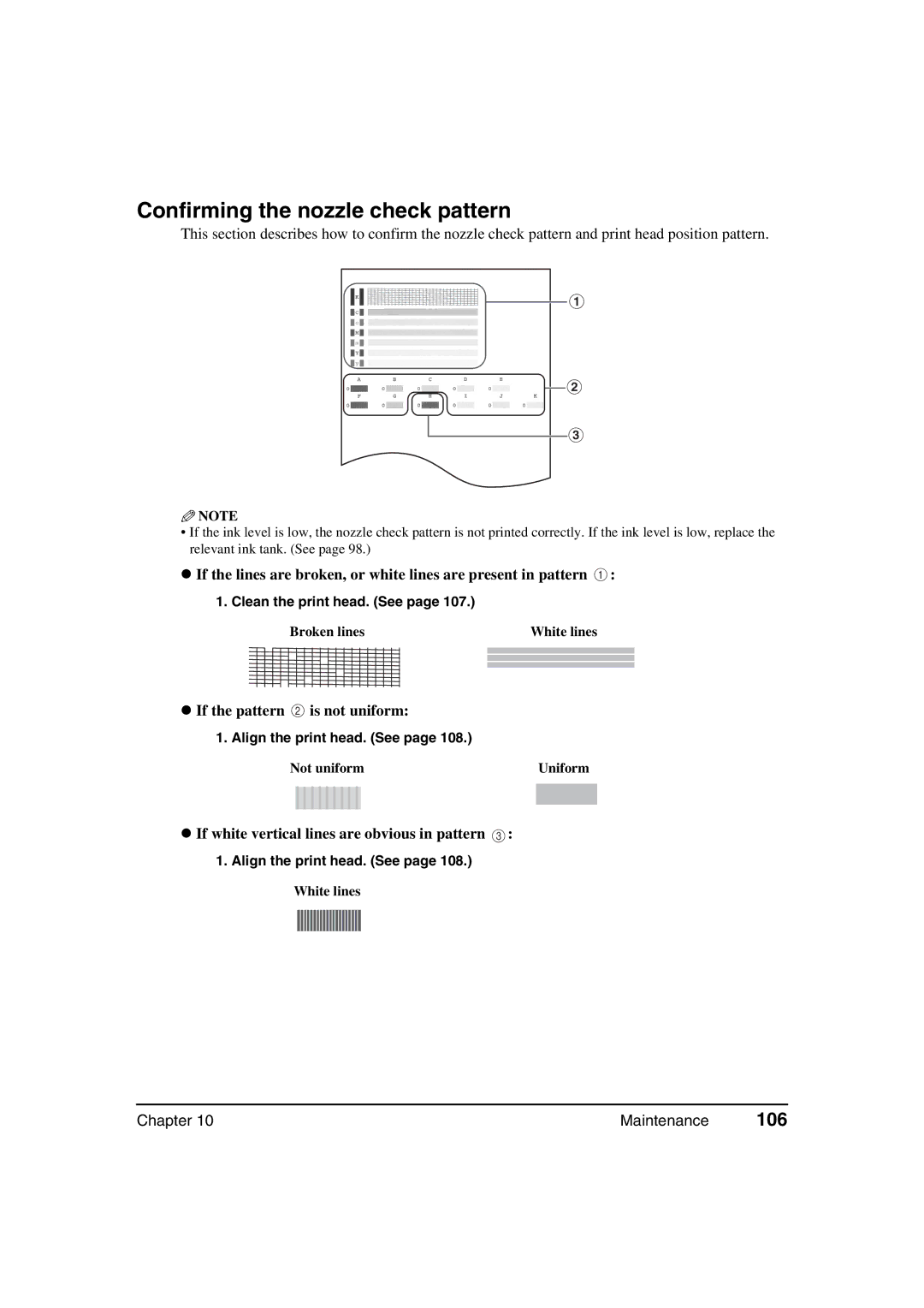 Canon MP360, MP370 manual Confirming the nozzle check pattern, 106, If the pattern is not uniform 