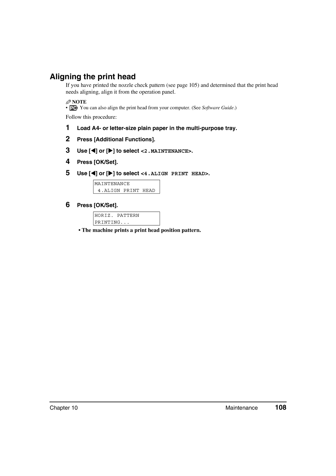 Canon MP360, MP370 manual Aligning the print head, 108, Machine prints a print head position pattern 