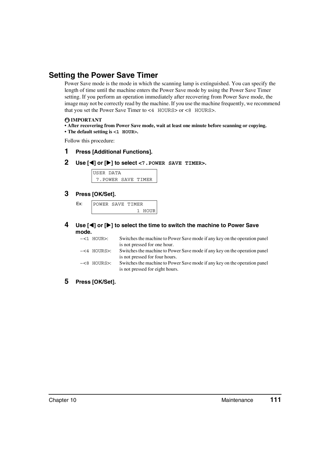 Canon MP370, MP360 manual Setting the Power Save Timer, 111 