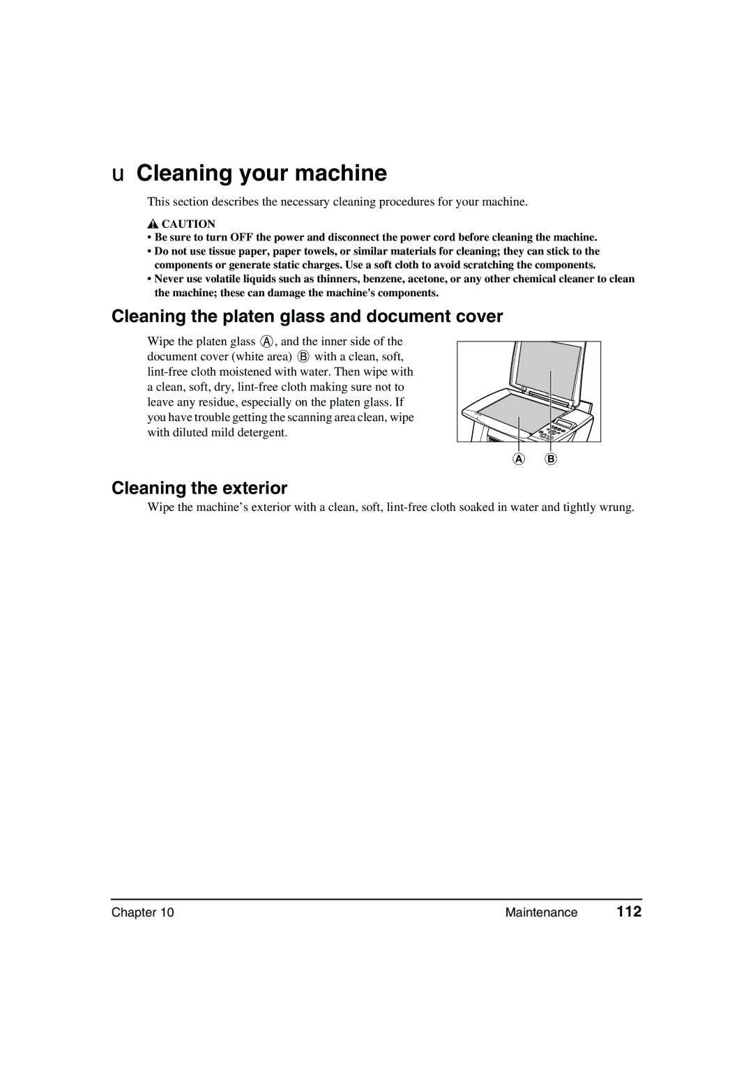 Canon MP360, MP370 manual Cleaning your machine, Cleaning the platen glass and document cover, Cleaning the exterior, 112 