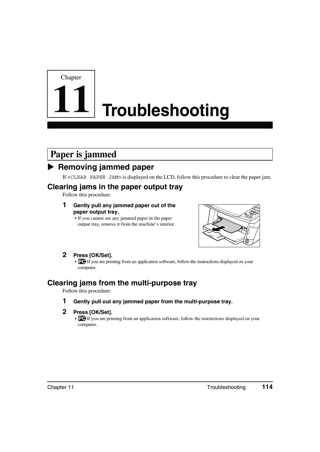 Canon MP360 Removing jammed paper, Clearing jams in the paper output tray, Clearing jams from the multi-purpose tray, 114 