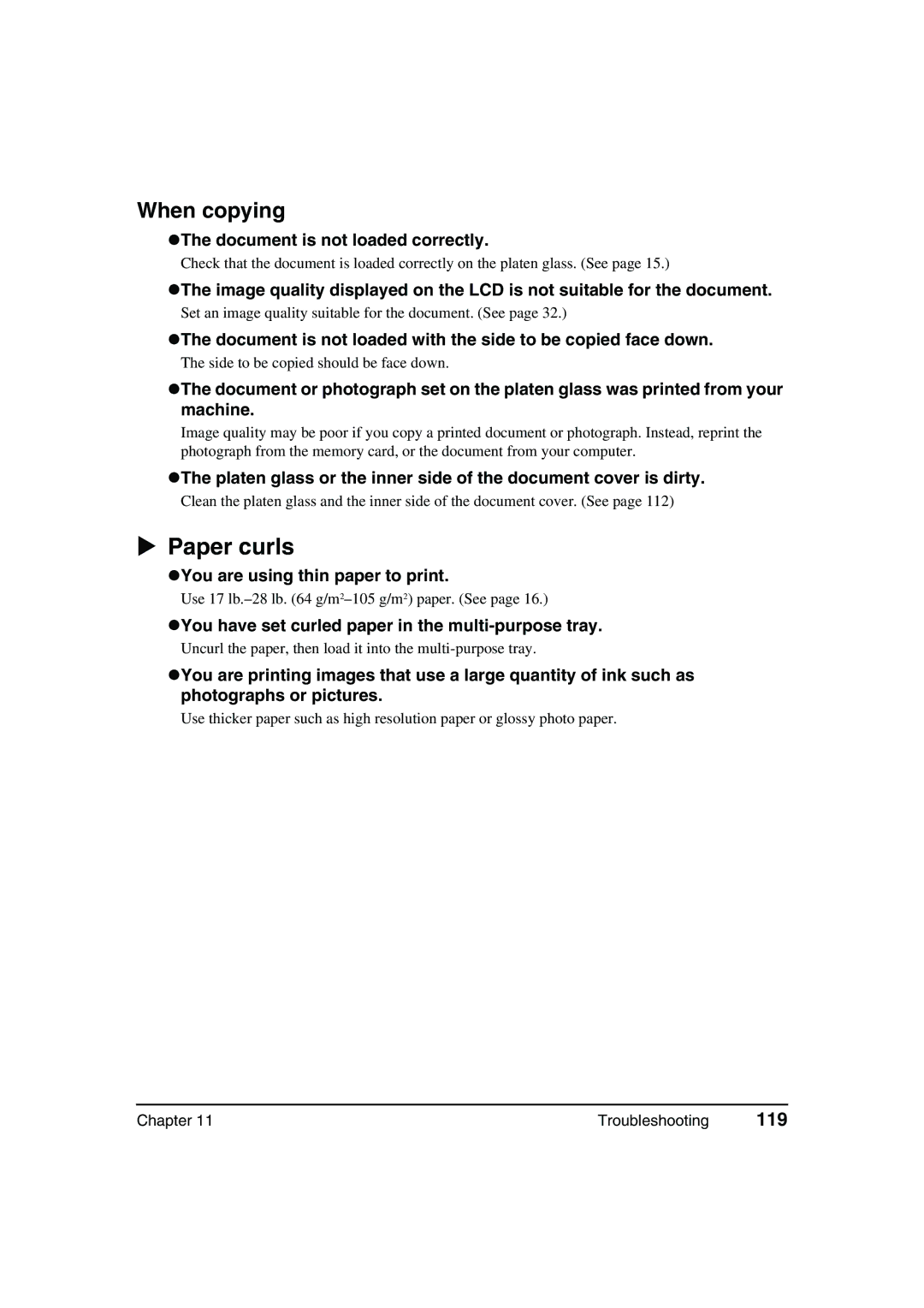 Canon MP370, MP360 manual Paper curls, When copying, 119 