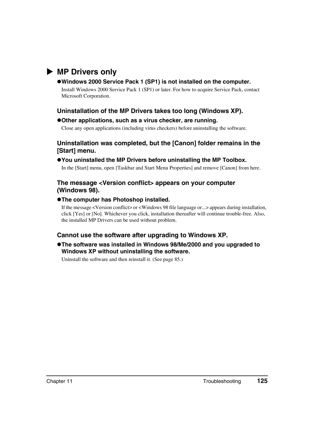 Canon MP370, MP360 manual MP Drivers only, Uninstallation of the MP Drivers takes too long Windows XP, 125 