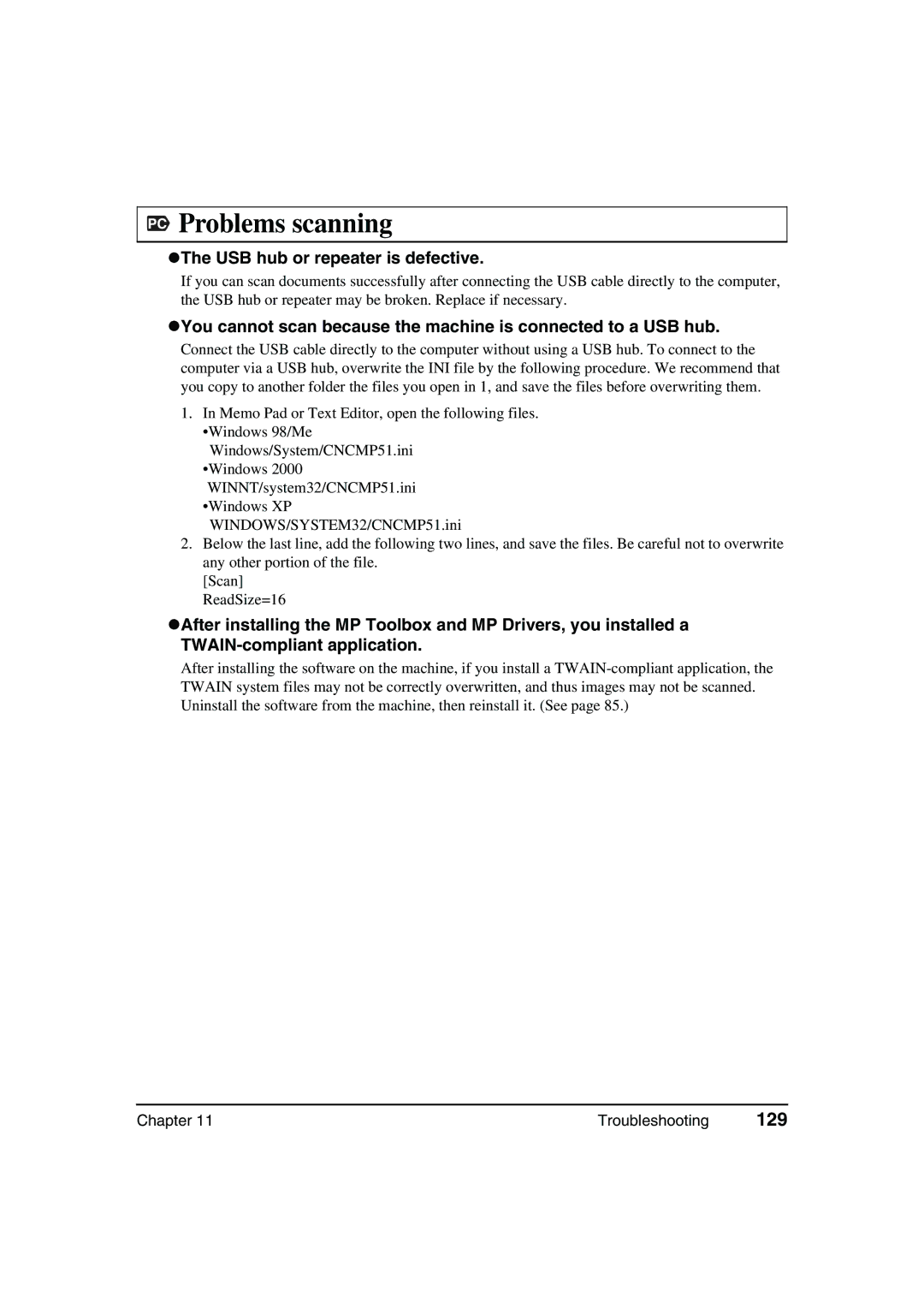 Canon MP370, MP360 manual 129, ZThe USB hub or repeater is defective 