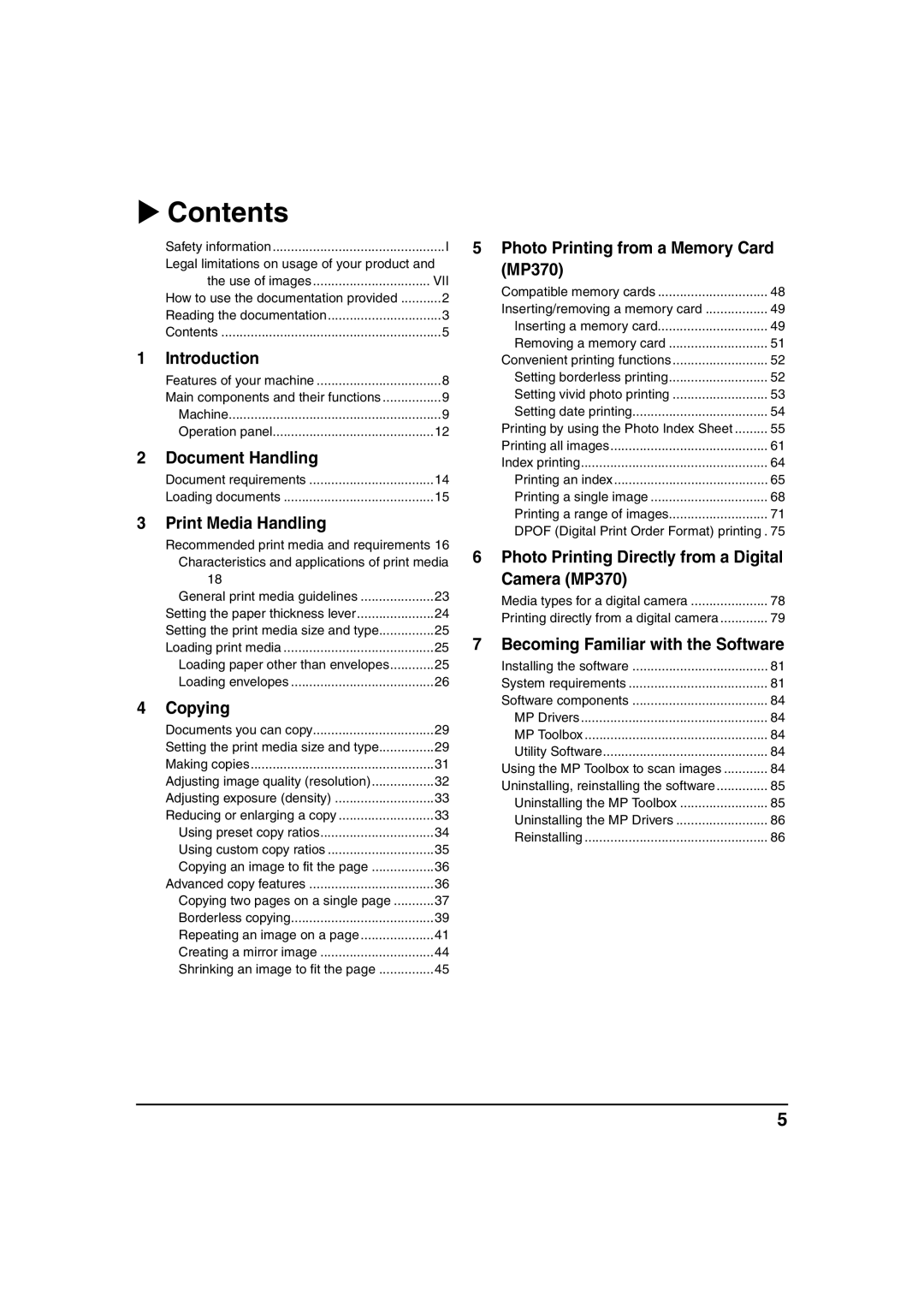 Canon MP370, MP360 manual Contents 