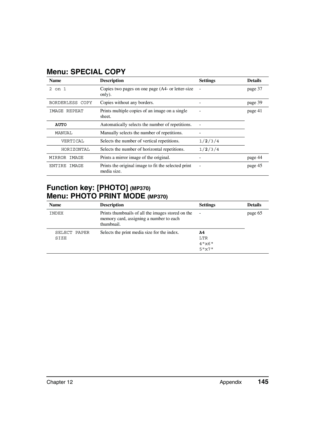 Canon MP360 manual Menu Special Copy, Function key Photo MP370 Menu Photo Print Mode MP370, 145 