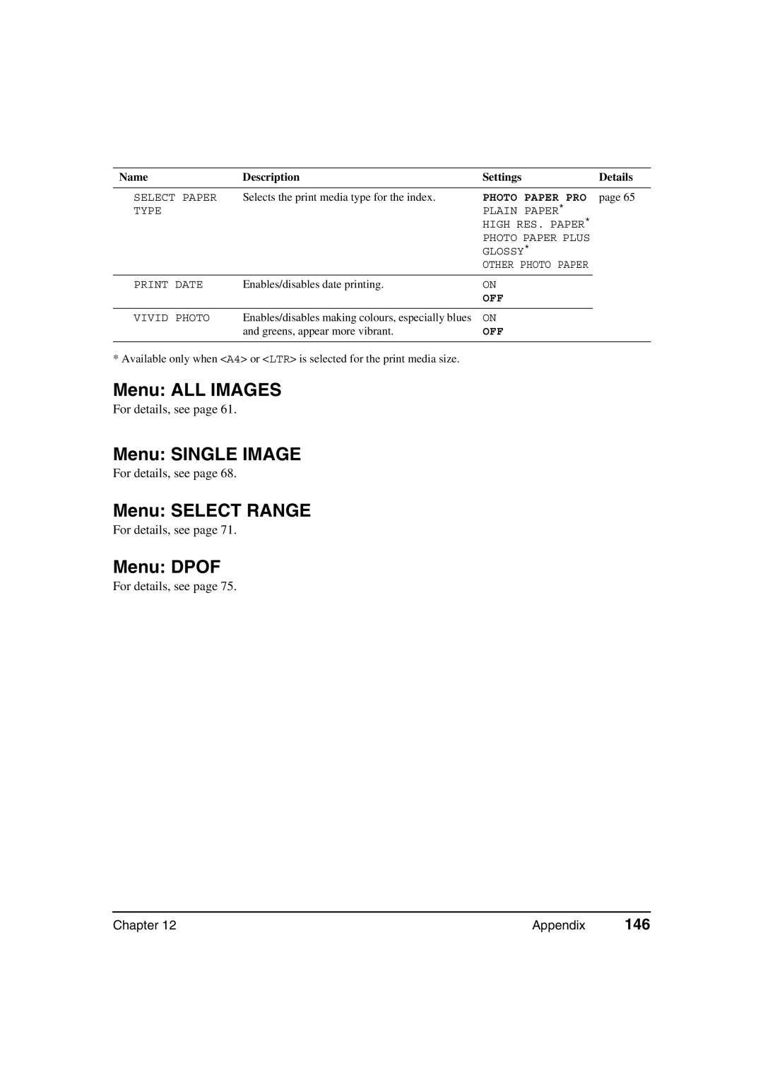 Canon MP360, MP370 manual Menu ALL Images, Menu Single Image, Menu Select Range, Menu Dpof, 146 