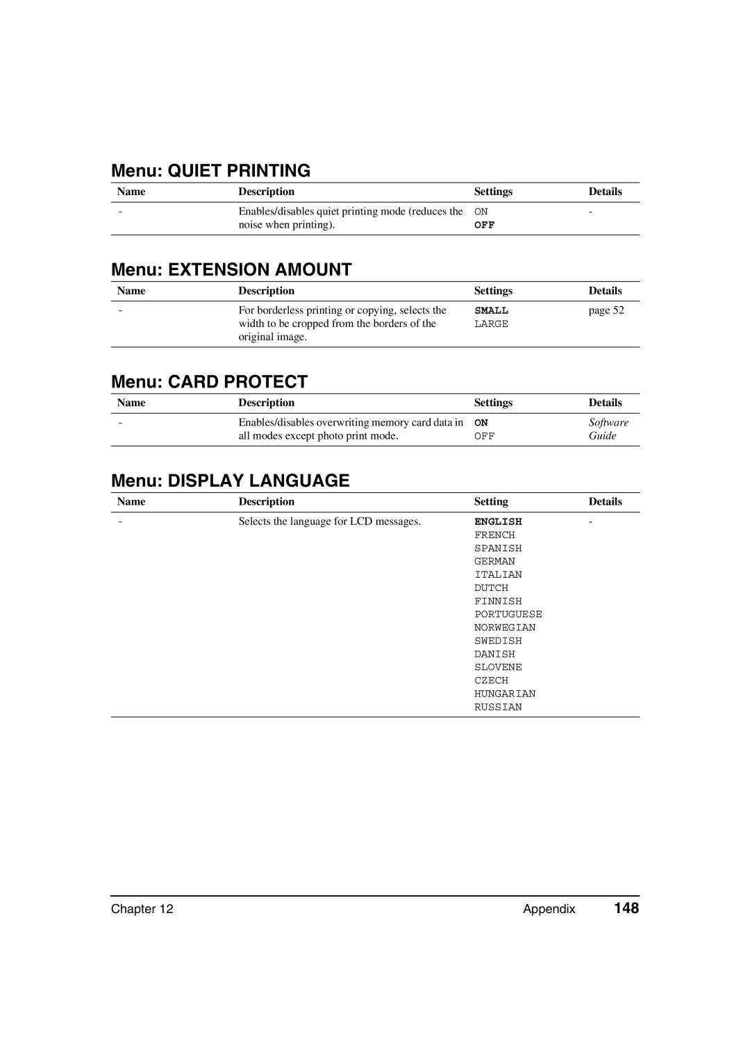 Canon MP360, MP370 manual Menu Quiet Printing, Menu Extension Amount, Menu Card Protect, Menu Display Language, 148 