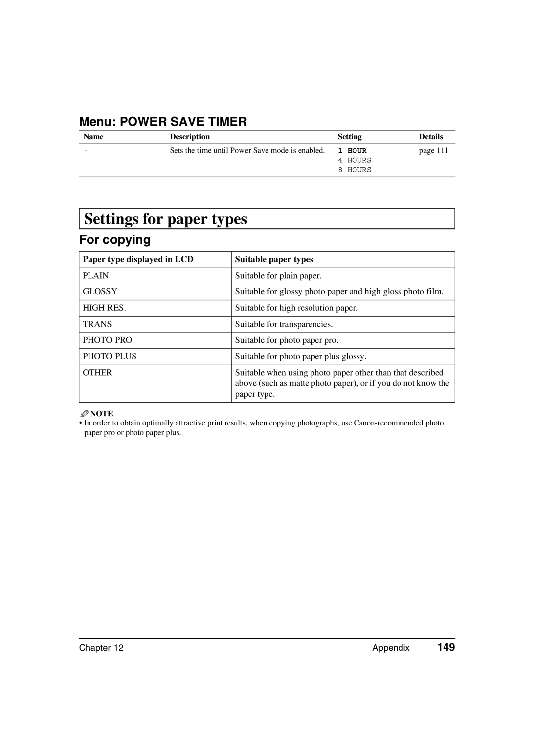 Canon MP370, MP360 manual Menu Power Save Timer, For copying, 149, Paper type displayed in LCD Suitable paper types 