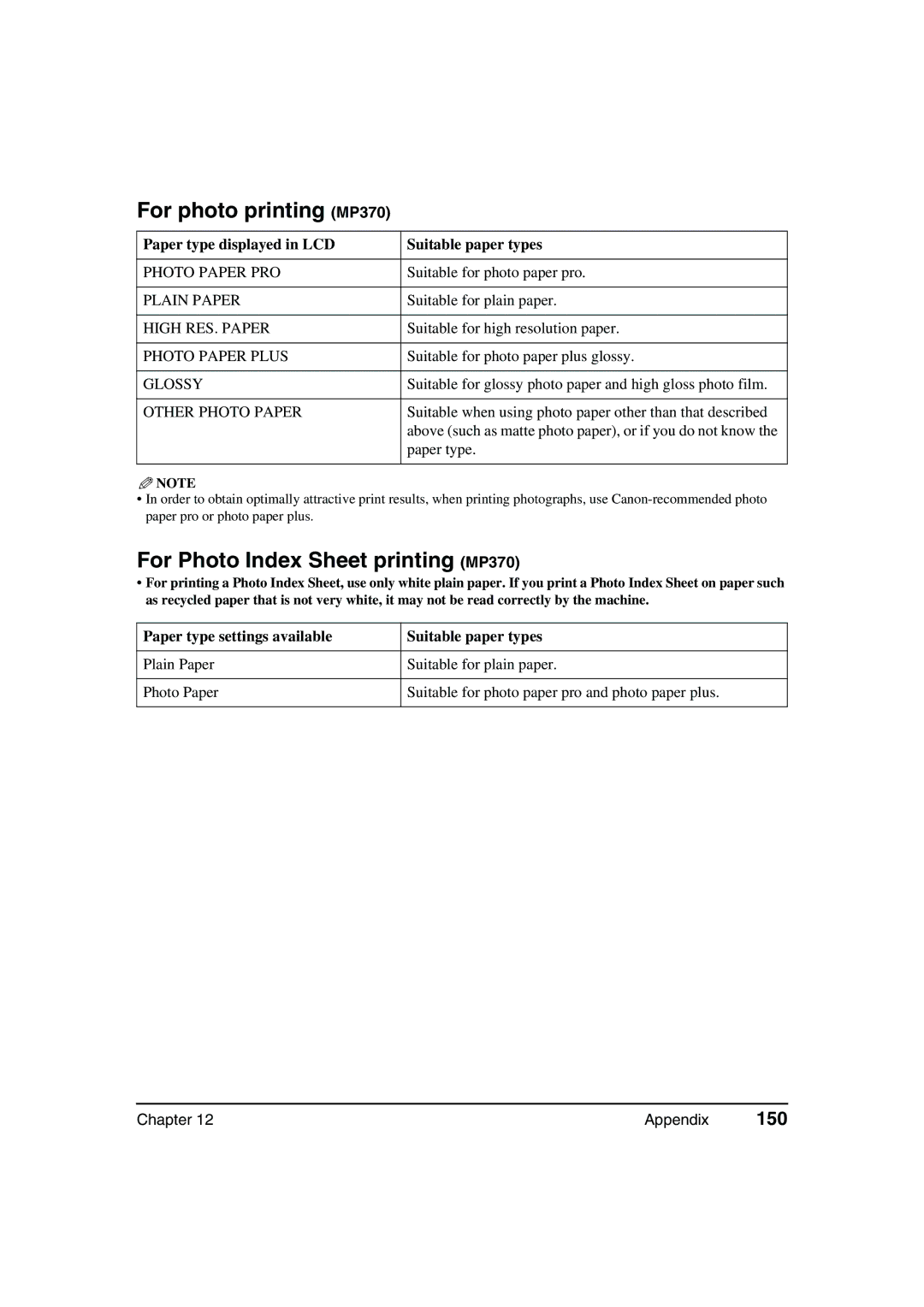 Canon MP360 manual For photo printing MP370, For Photo Index Sheet printing MP370, 150 