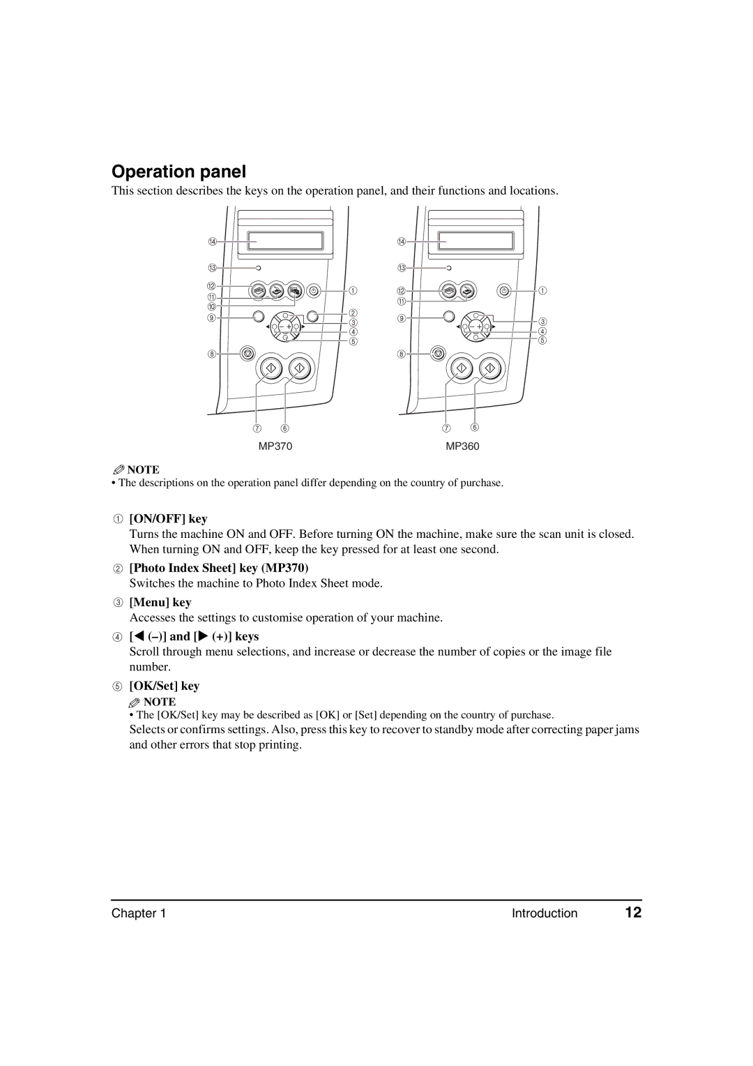 Canon MP360, MP370 manual Operation panel 