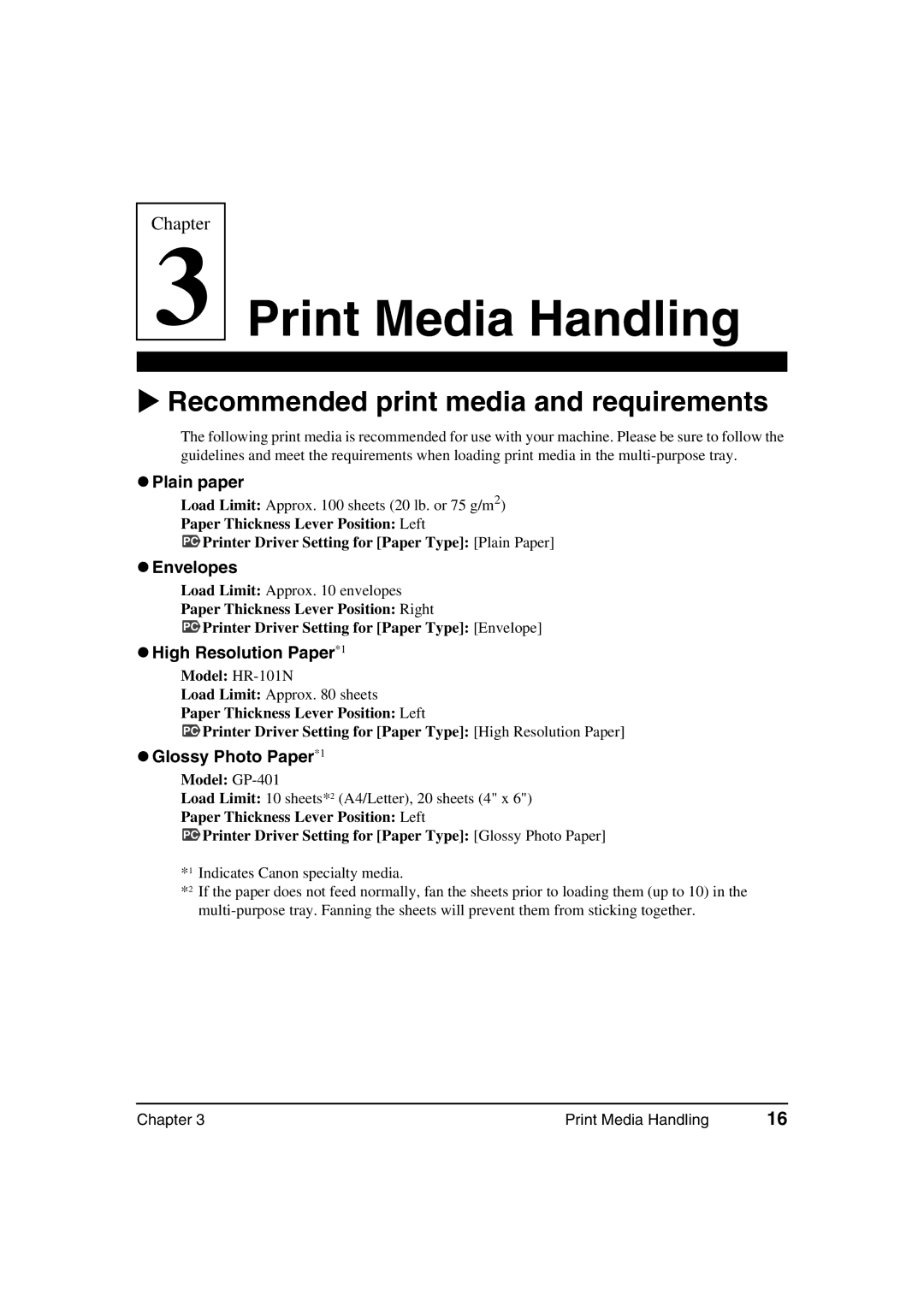 Canon MP360, MP370 manual Recommended print media and requirements, Plain paper, Envelopes, High Resolution Paper*1 